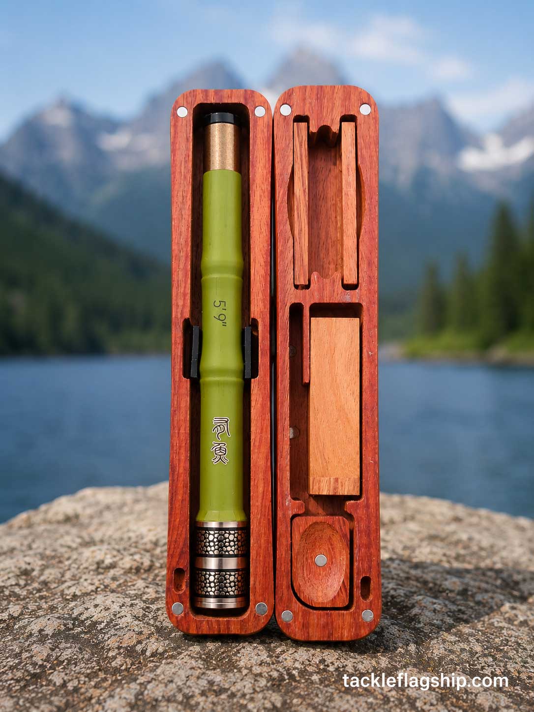 pocket fishing rod in wooden case beside mountain lake