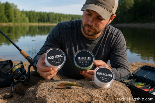 beginner angler comparing monofilament braid and fluorocarbon fishing line
