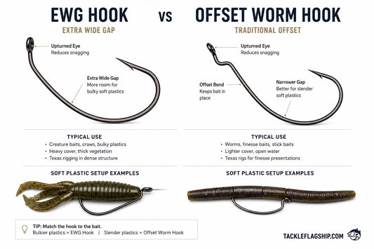 EWG hook vs offset worm hook comparison for bass fishing and soft plastics