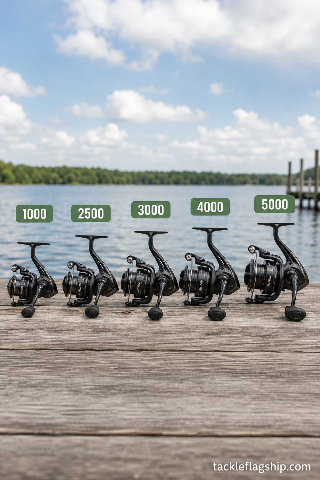 Fishing reel size guide showing common spinning reel sizes from 1000 to 5000