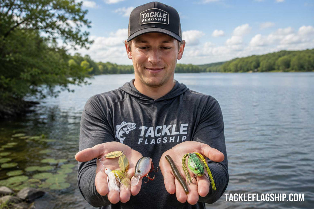 Beginner angler holding several fishing lure types beside freshwater lake