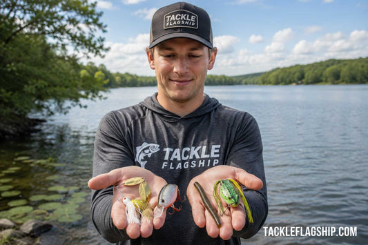 Beginner angler holding several fishing lure types beside freshwater lake