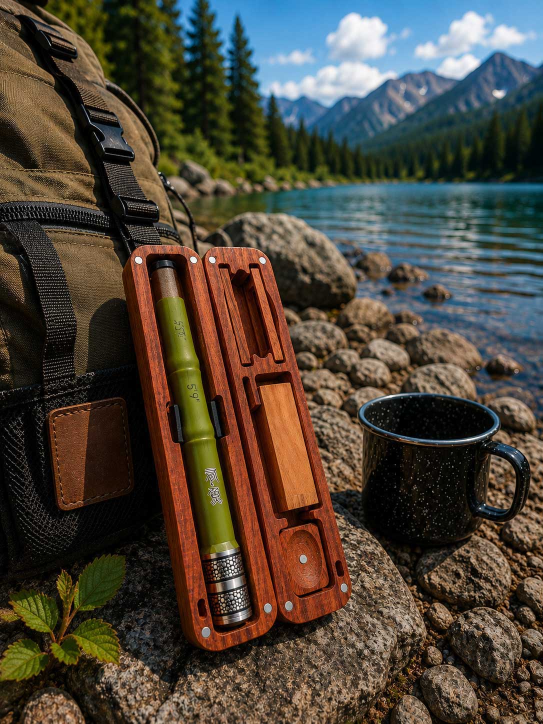 pocket fishing rod in wooden case
