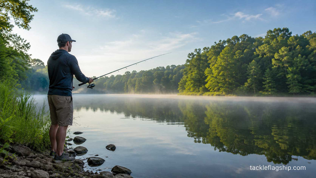 Beginner angler fishing a soft plastic worm from the bank of a freshwater lake