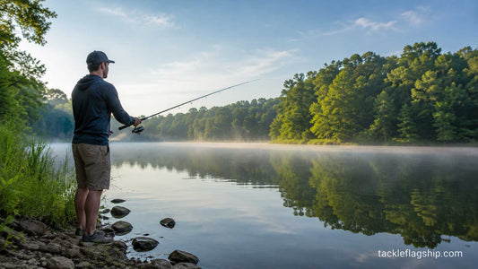 Beginner angler fishing a soft plastic worm from the bank of a freshwater lake
