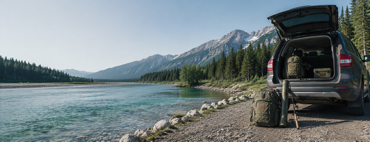Travel fishing gear beside an SUV parked next to a mountain river, featuring a portable fishing rod, rod tube and backpack ready for a spontaneous fishing trip.