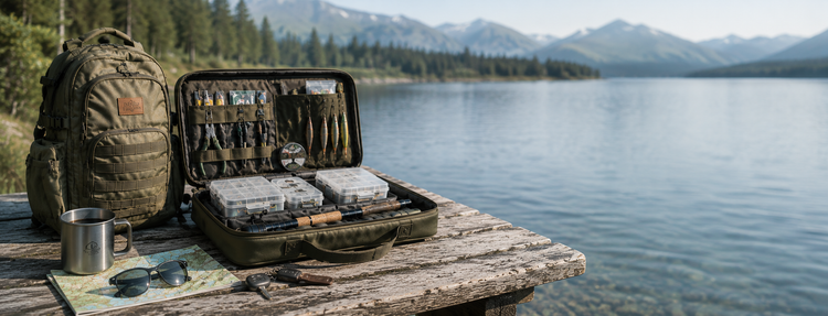 Portable fishing kit organized on a weathered wooden picnic table beside a mountain lake with a travel backpack, compact tackle boxes and fishing gear ready for adventure.